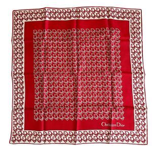 Christian Dior Red And White Trotter Logo Square Scarf Authentic With COA